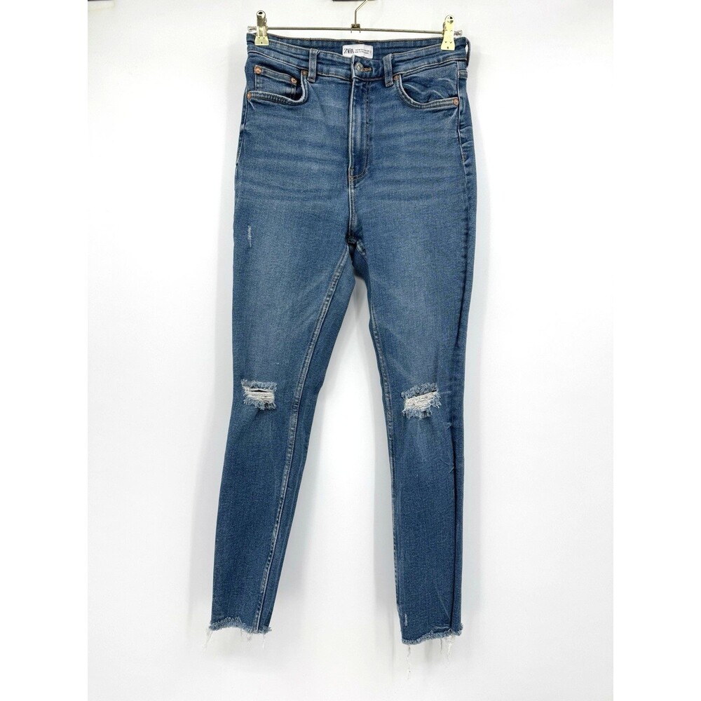 Zara Women’s High Rise Skinny Leg Jeans Size 8 Medium Wash Raw Hem 27 Inseam